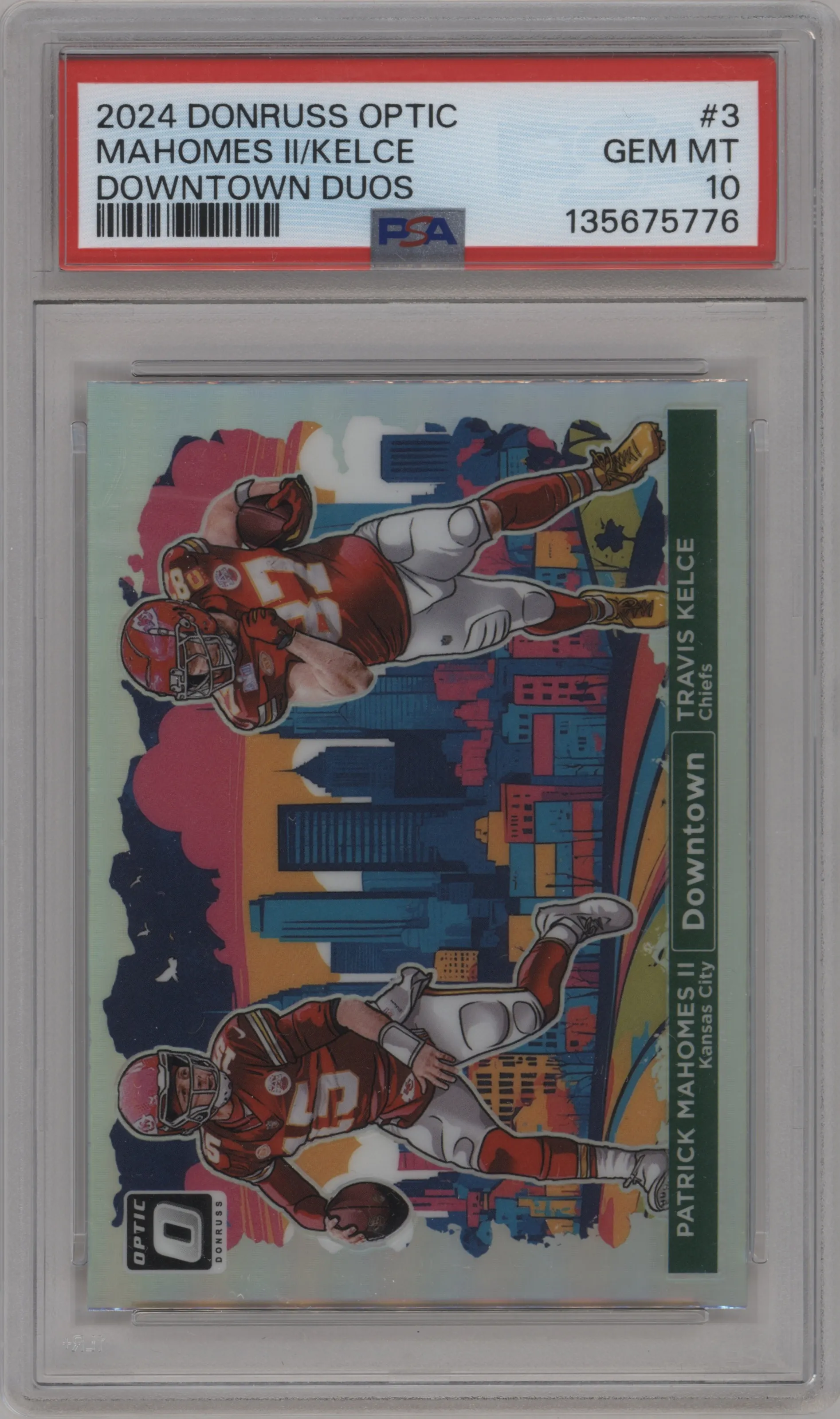 Patrick Mahomes II/Travis Kelce from the 2024 Donruss Optic set graded by PSA and given an overall grade of 10.