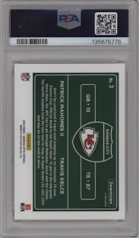 Patrick Mahomes II/Travis Kelce from the 2024 Donruss Optic set graded by PSA and given an overall grade of 10.