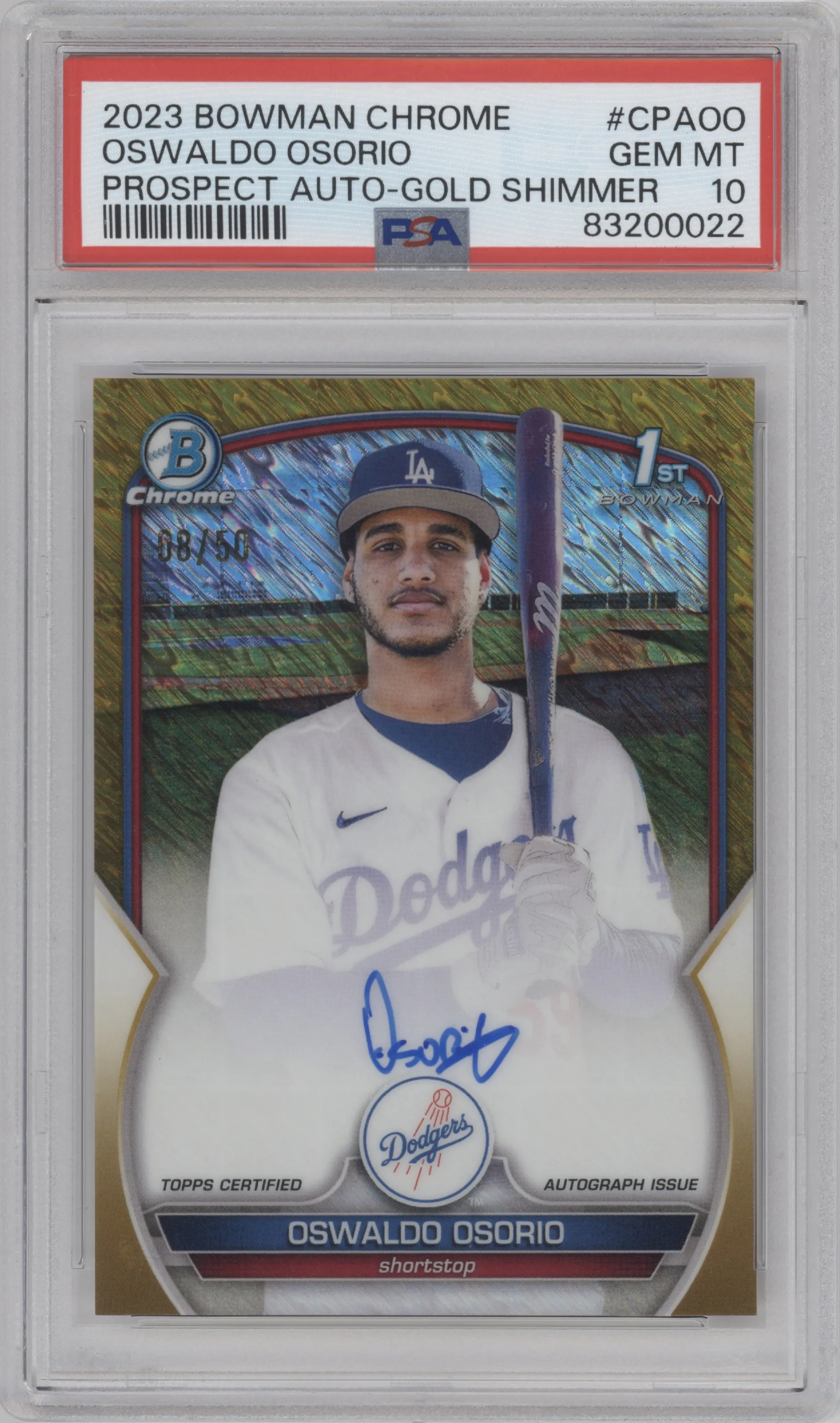 2023 Bowman Chrome Chr.Pros.Auto Oswaldo Osorio Gold Shimmer Refractor PSA 10