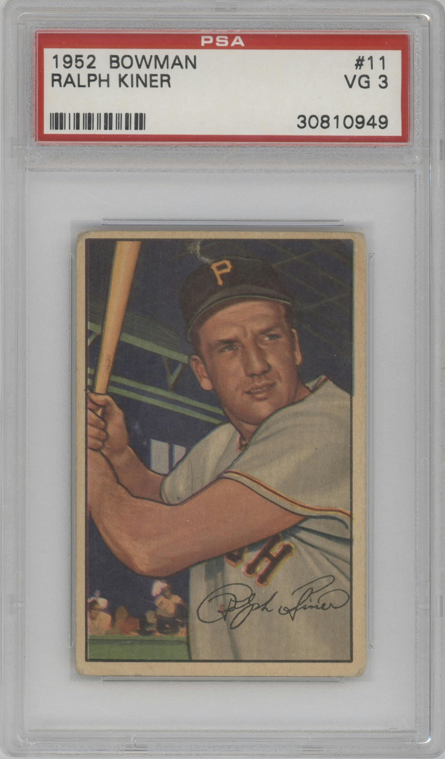 Ralph Kiner from the 1952 Bowman set graded by PSA and given an overall grade of 3.