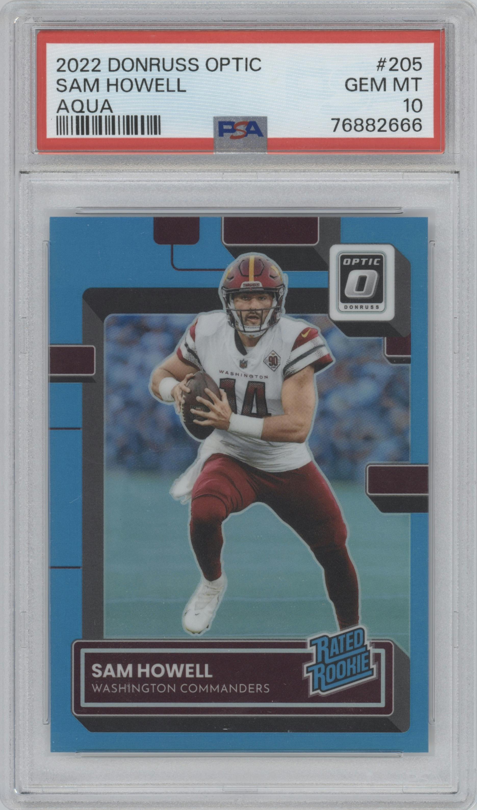Sam Howell from the 2022 Panini Donruss Optic set featuring a Aqua parallel graded by PSA and given an overall grade of 10.