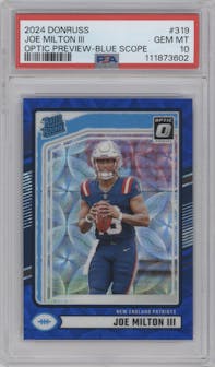 Joe Milton III  from the 2024 Donruss set featuring a Blue Scope parallel graded by PSA and given an overall grade of 10.