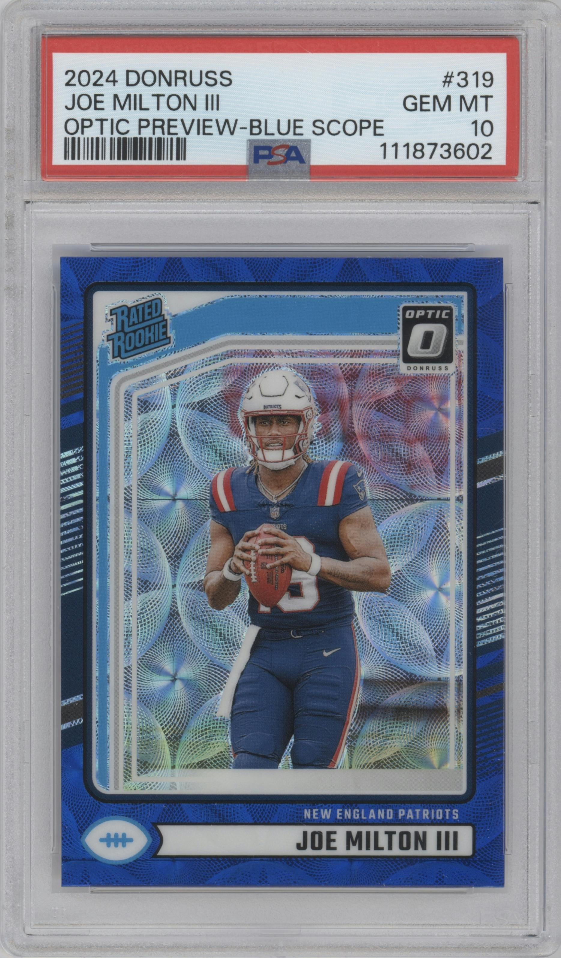 Joe Milton III  from the 2024 Donruss set featuring a Blue Scope parallel graded by PSA and given an overall grade of 10.