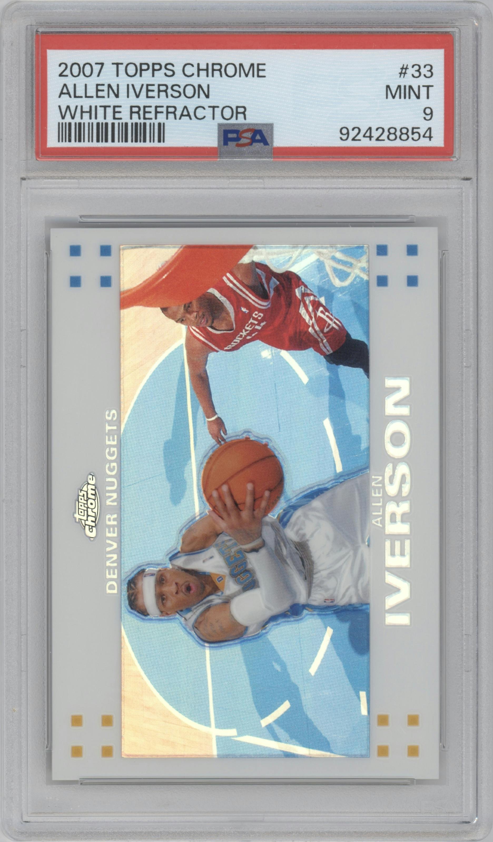 Allen Iverson from the 2007-08 Topps Chrome set featuring a White Refractor parallel graded by PSA and given an overall grade of 9.