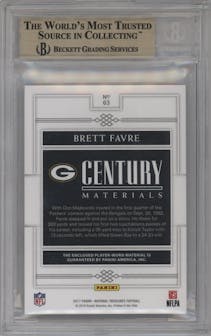 Brett Favre from the 2017 Panini National Treasures set featuring a Platinum parallel graded by Beckett and given an overall grade of 9.5.