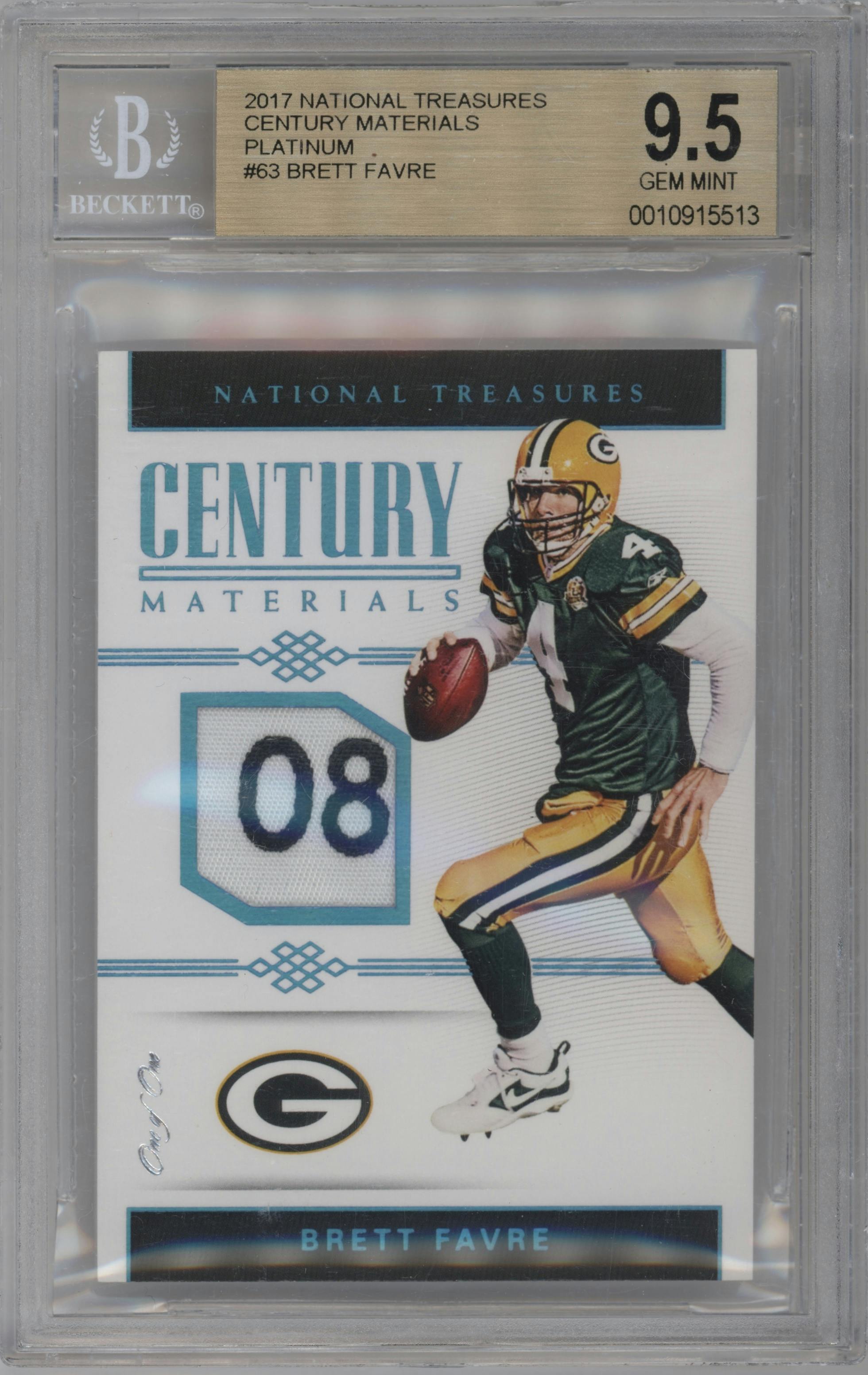 Brett Favre from the 2017 Panini National Treasures set featuring a Platinum parallel graded by Beckett and given an overall grade of 9.5.