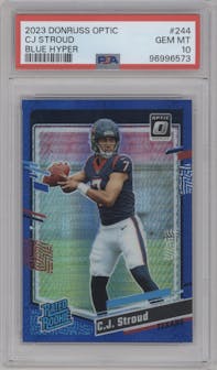 C.J. Stroud from the 2023 Donruss Optic set featuring a Hyper Blue parallel graded by PSA and given an overall grade of 10.