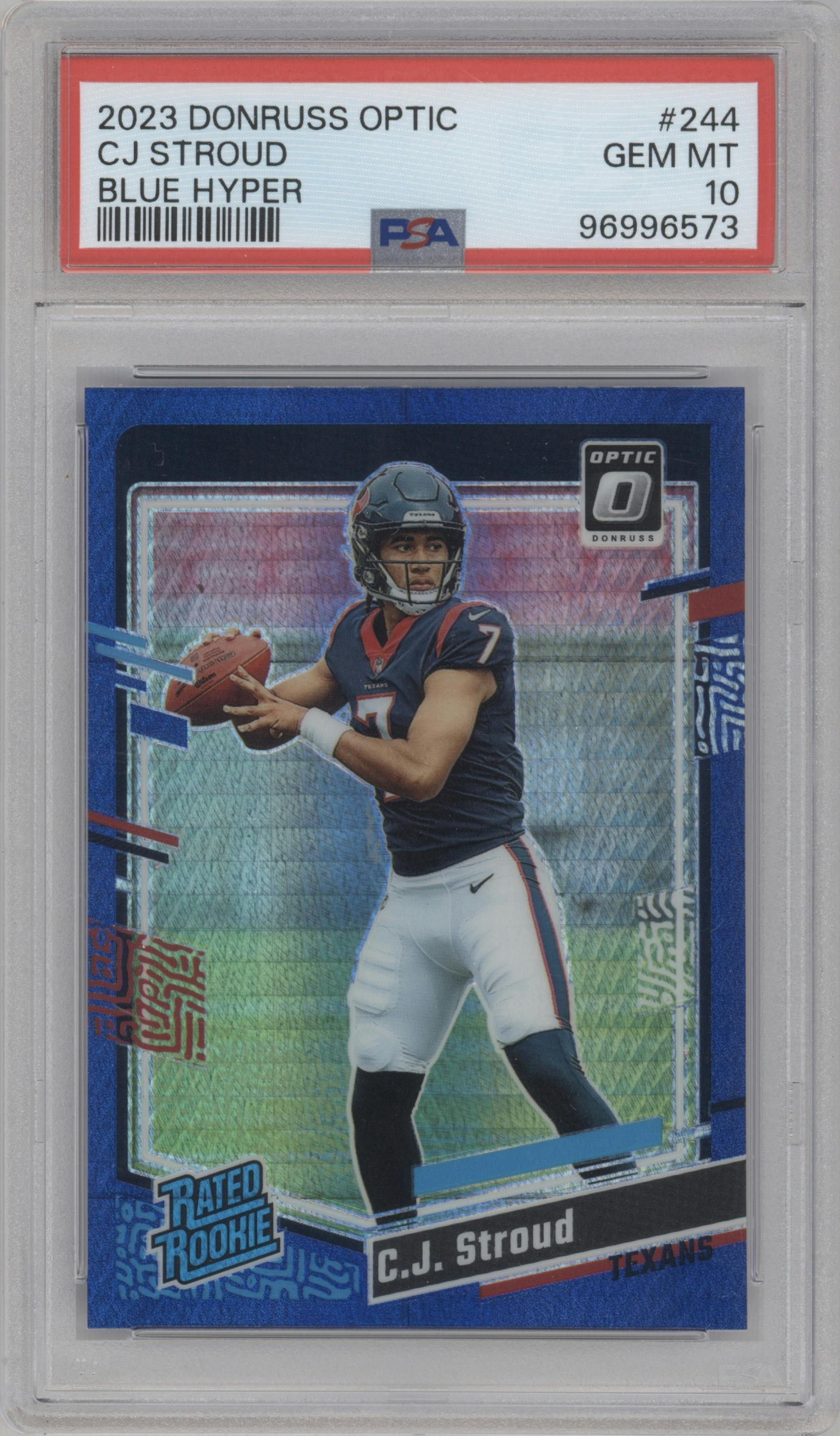 C.J. Stroud from the 2023 Donruss Optic set featuring a Hyper Blue parallel graded by PSA and given an overall grade of 10.