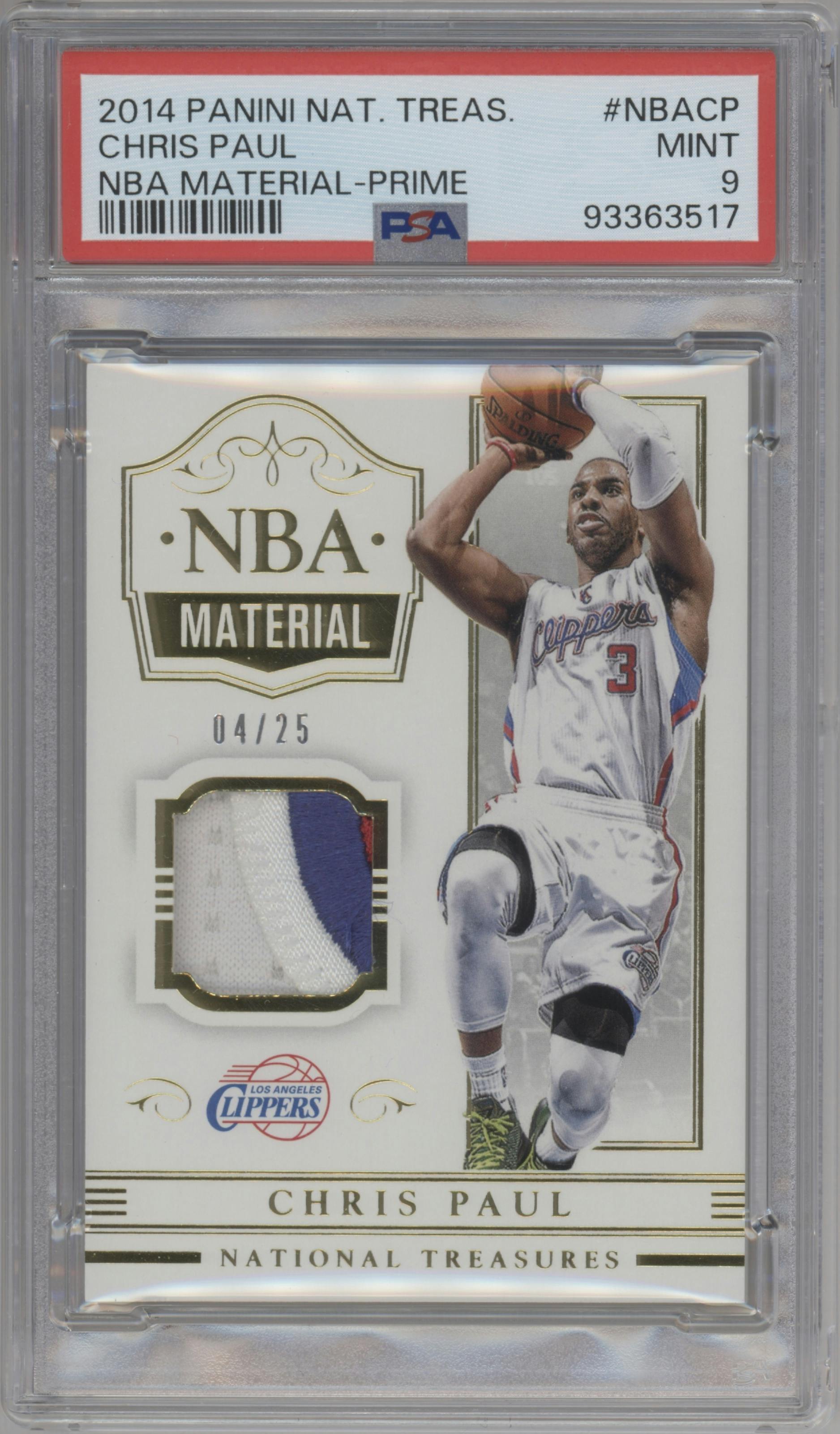 Chris Paul from the 2014-15 Panini National Treasures set featuring a Prime parallel graded by PSA and given an overall grade of 9.