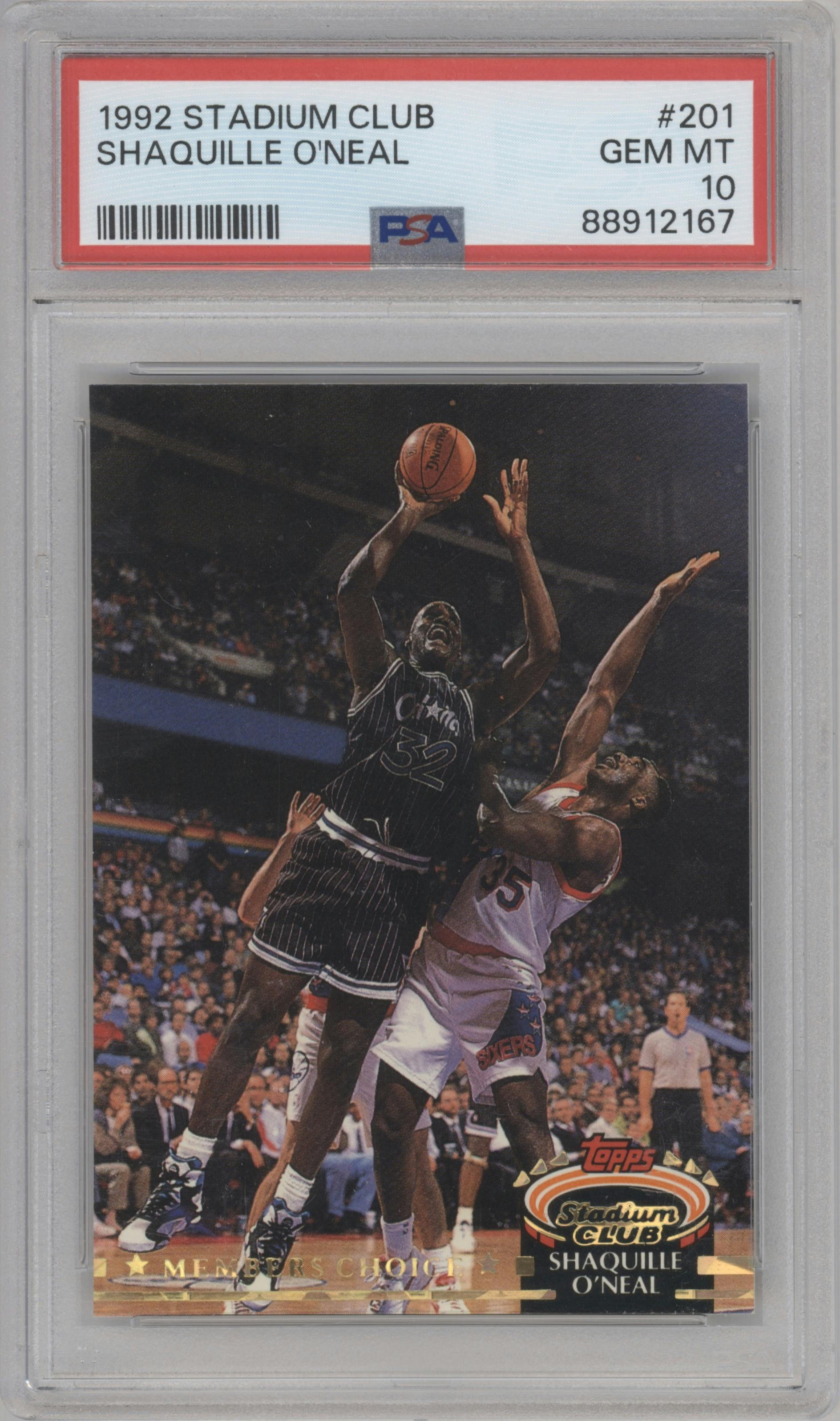 Shaquille O'neal from the 1992-93 Topps Stadium Club set graded by PSA and given an overall grade of 10.