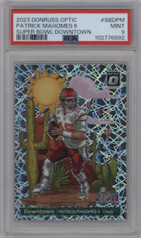 Patrick Mahomes II from the 2023 Donruss Optic set graded by PSA and given an overall grade of 9.