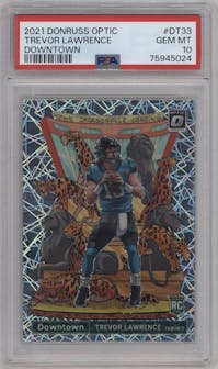 Trevor Lawrence from the 2021 Panini Donruss Optic set graded by PSA and given an overall grade of 10.