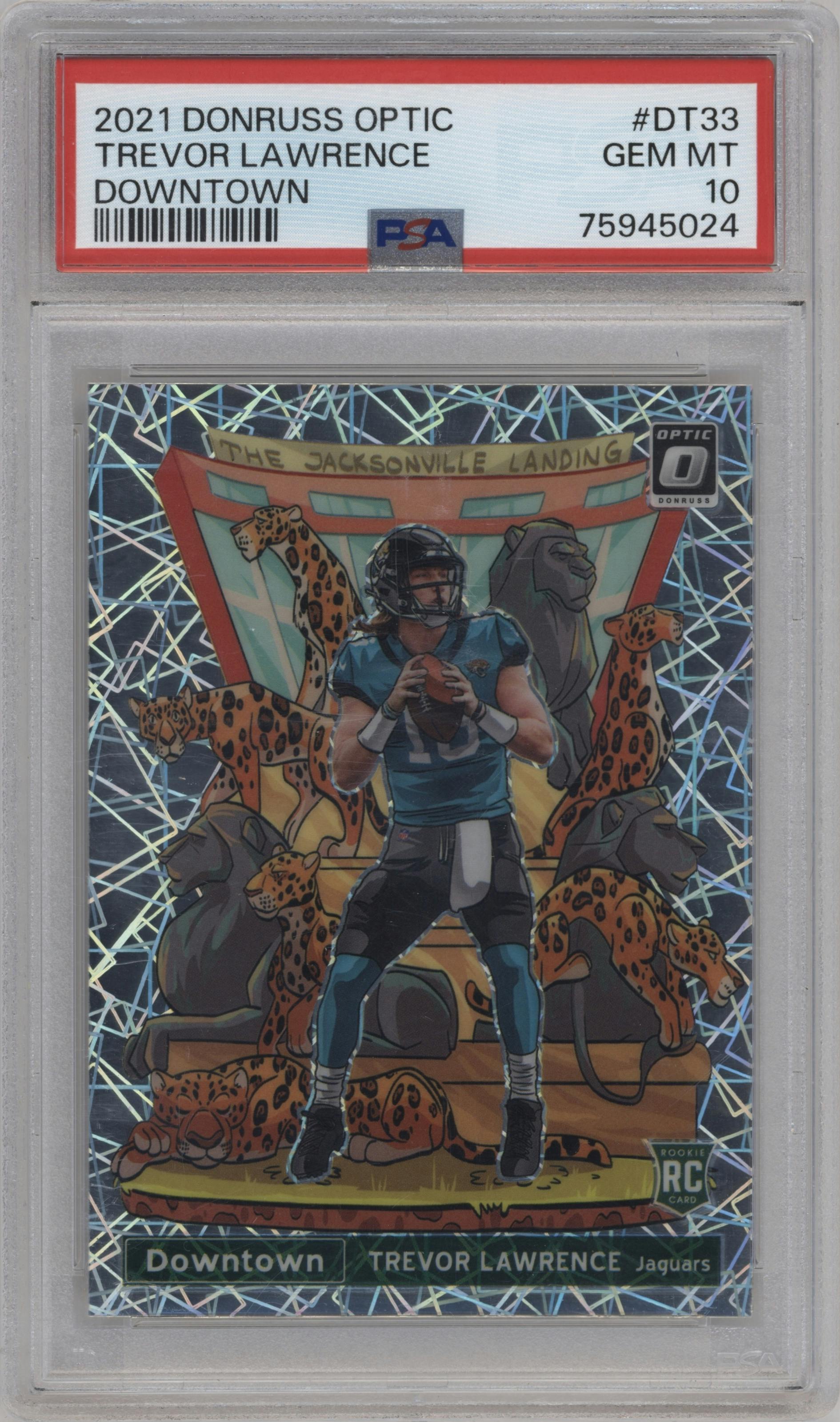 Trevor Lawrence from the 2021 Panini Donruss Optic set graded by PSA and given an overall grade of 10.