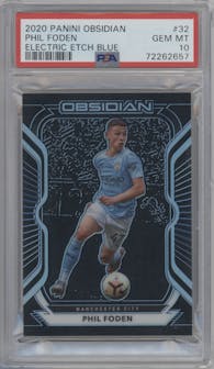 Phil Foden from the 2020-21 Panini Obsidian set featuring a Electric Etch Blue parallel graded by PSA and given an overall grade of 10.