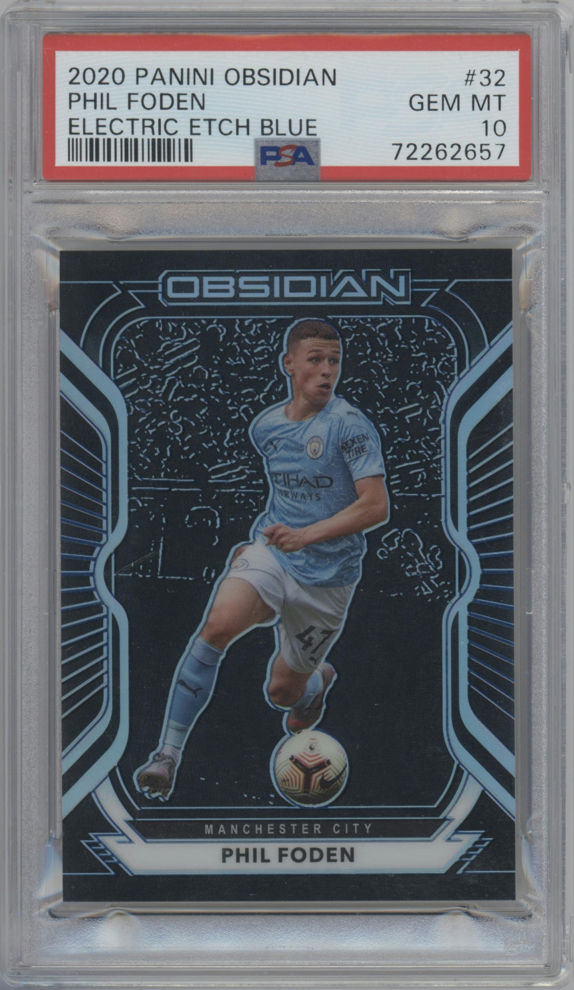 Phil Foden from the 2020-21 Panini Obsidian set featuring a Electric Etch Blue parallel graded by PSA and given an overall grade of 10.