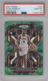 Evan Mobley from the 2021-22 Panini Prizm  set featuring a Green Ice parallel graded by PSA and given an overall grade of 10.