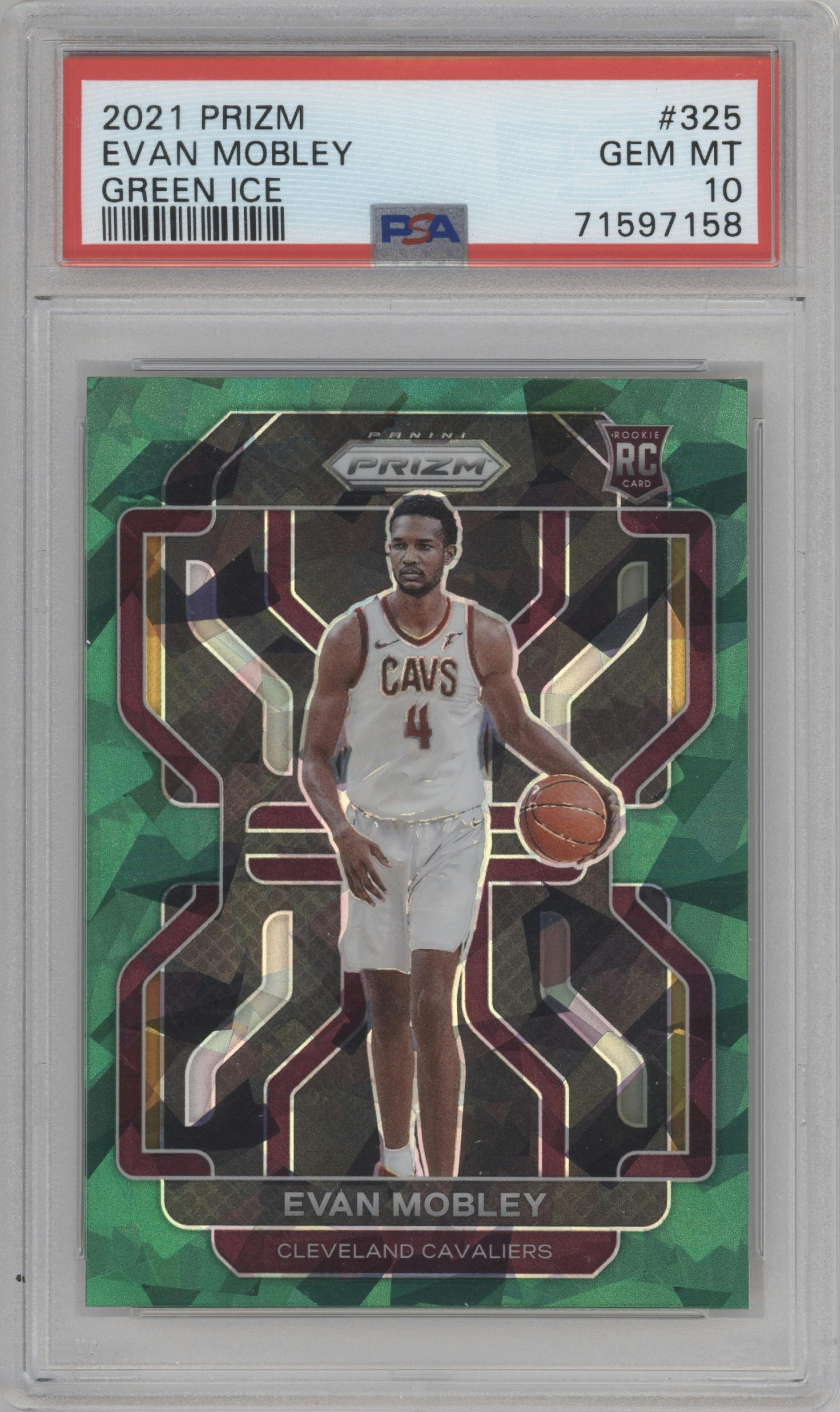 Evan Mobley from the 2021-22 Panini Prizm  set featuring a Green Ice parallel graded by PSA and given an overall grade of 10.