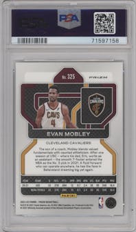 Evan Mobley from the 2021-22 Panini Prizm  set featuring a Green Ice parallel graded by PSA and given an overall grade of 10.