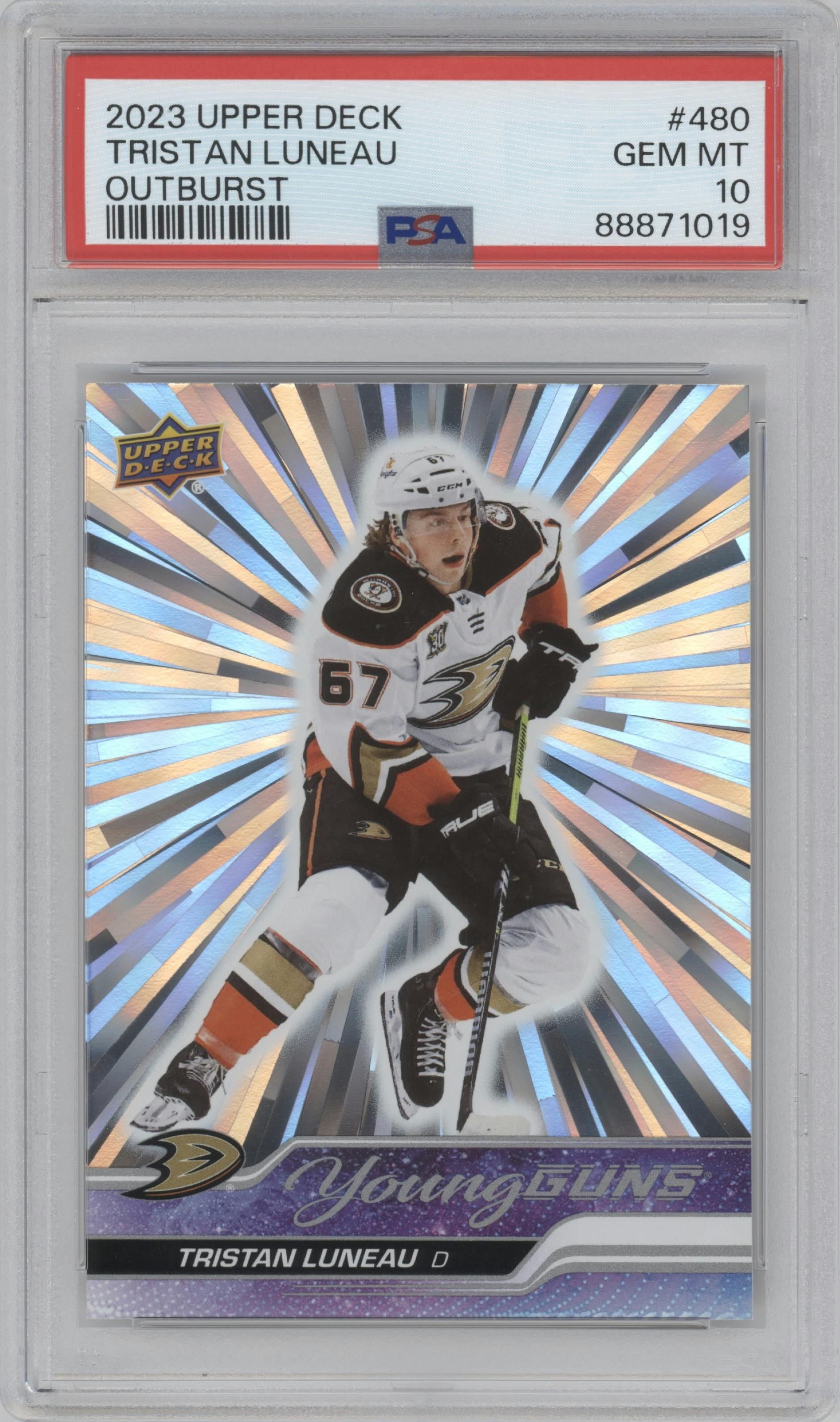 Tristan Luneau from the 2023-24 Upper Deck Series 2 set featuring a Outburst Silver parallel graded by PSA and given an overall grade of 10.