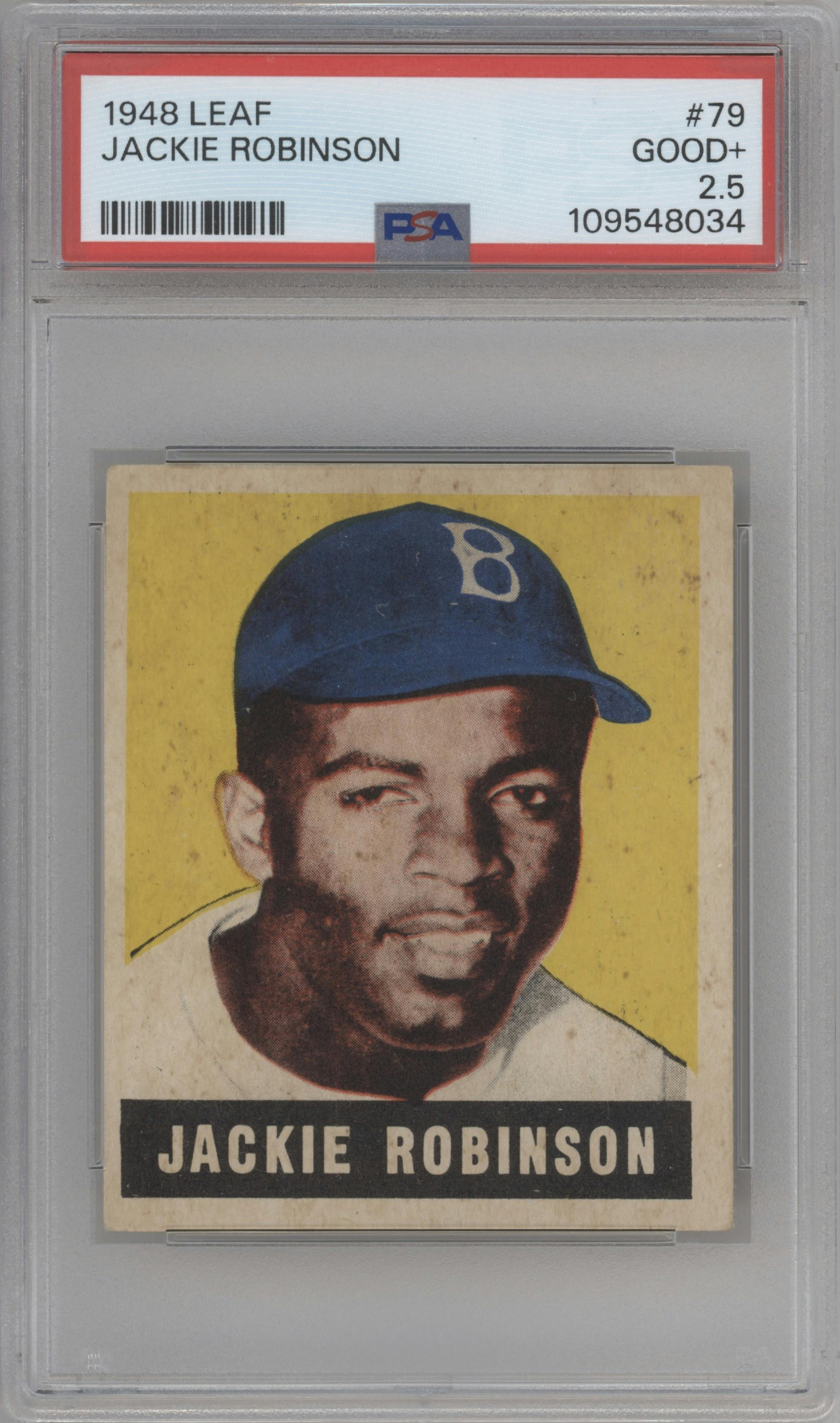 Jackie Robinson from the 1948-49 Leaf set graded by PSA and given an overall grade of 2.5.