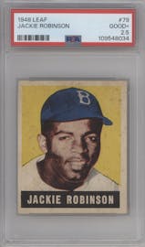 Jackie Robinson from the 1948-49 Leaf set graded by PSA and given an overall grade of 2.5.