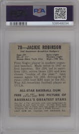 Jackie Robinson from the 1948-49 Leaf set graded by PSA and given an overall grade of 2.5.