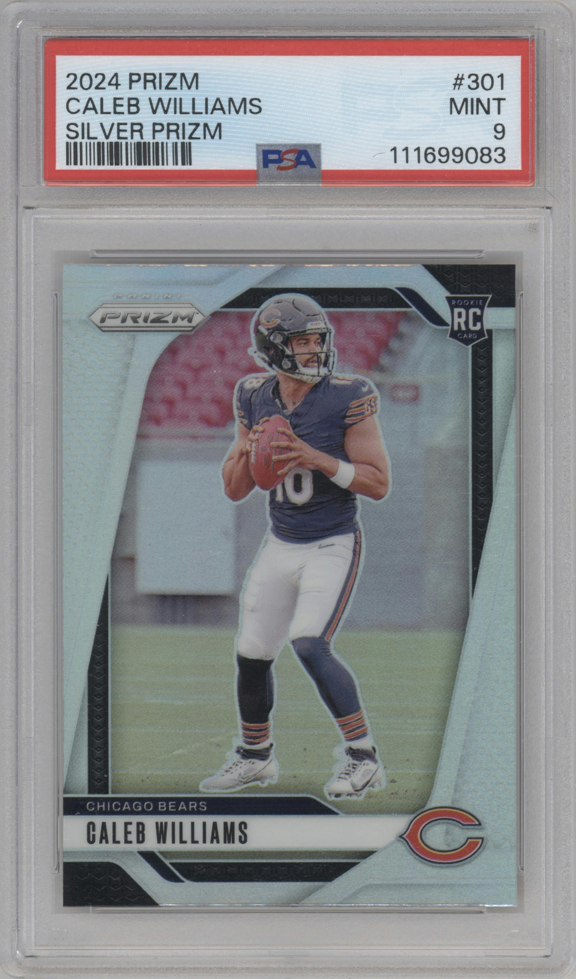 Caleb Williams from the 2024 Panini Prizm set featuring a Silver Prizm parallel graded by PSA and given an overall grade of 9.