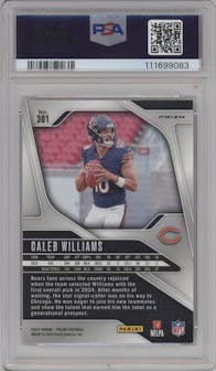 Caleb Williams from the 2024 Panini Prizm set featuring a Silver Prizm parallel graded by PSA and given an overall grade of 9.