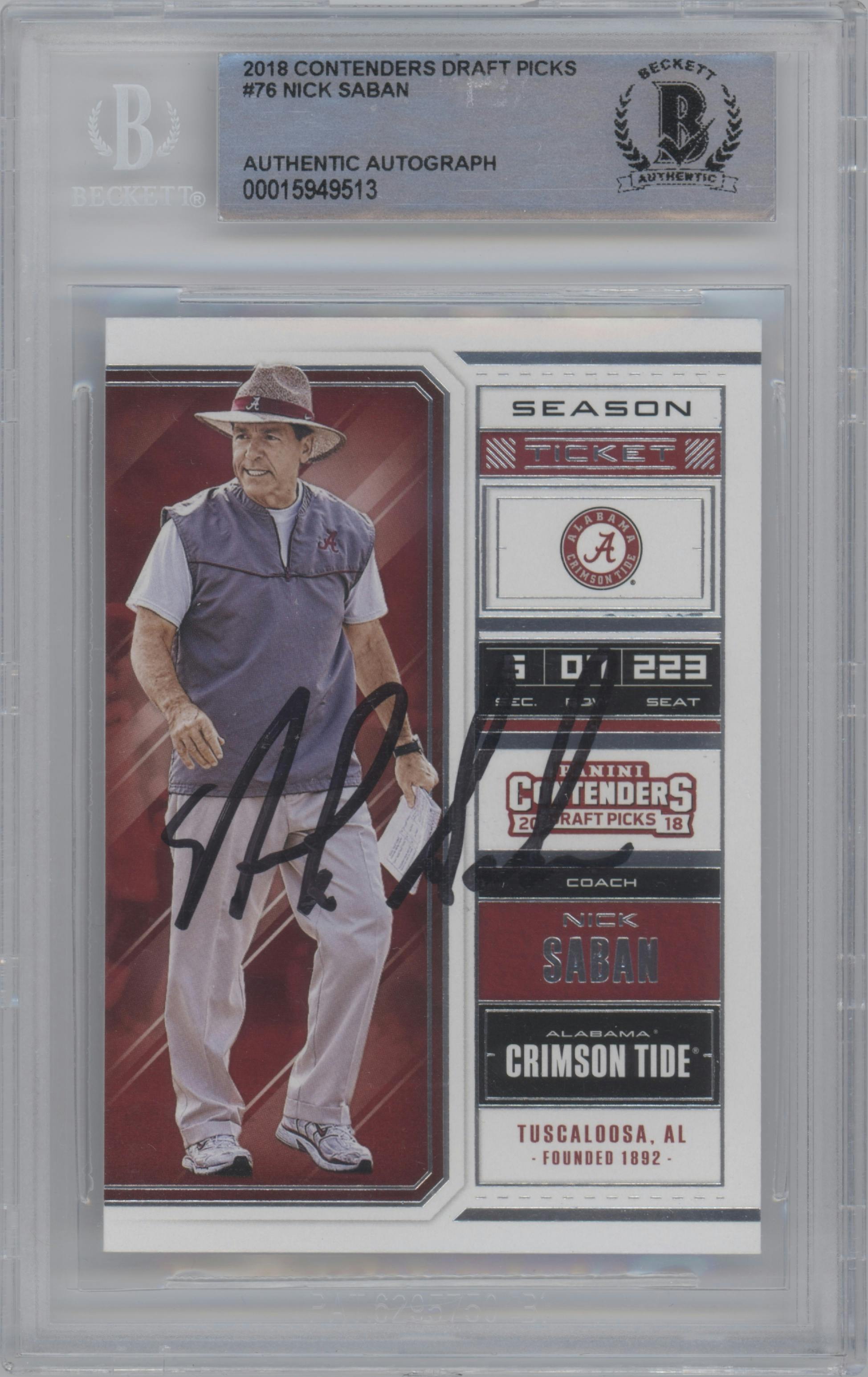 Nick Saban from the 2018 Panini Contenders Draft Picks set graded by Beckett.