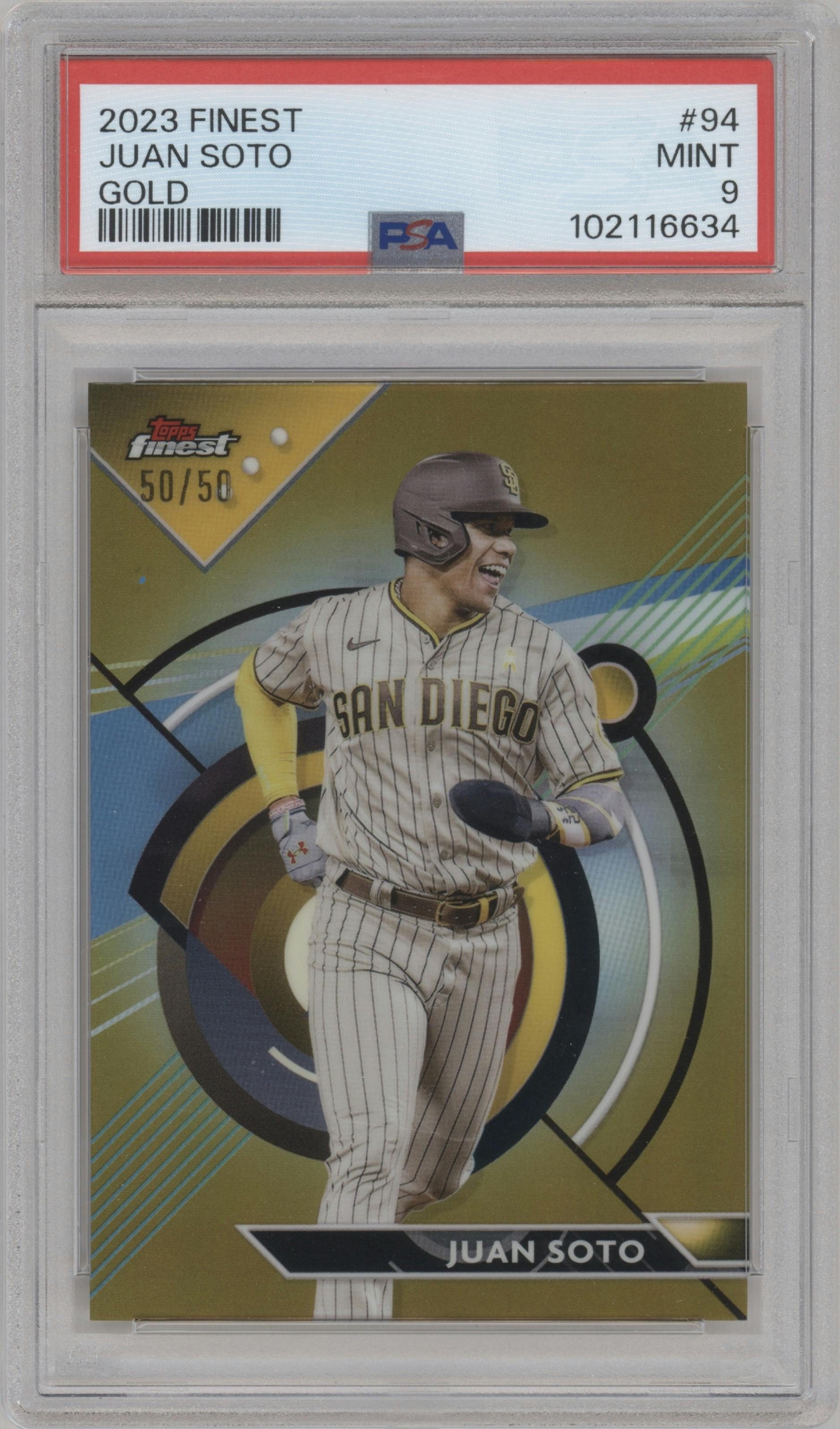 Juan Soto from the 2023 Topps Finest set featuring a Gold Refractor parallel graded by PSA and given an overall grade of 9.