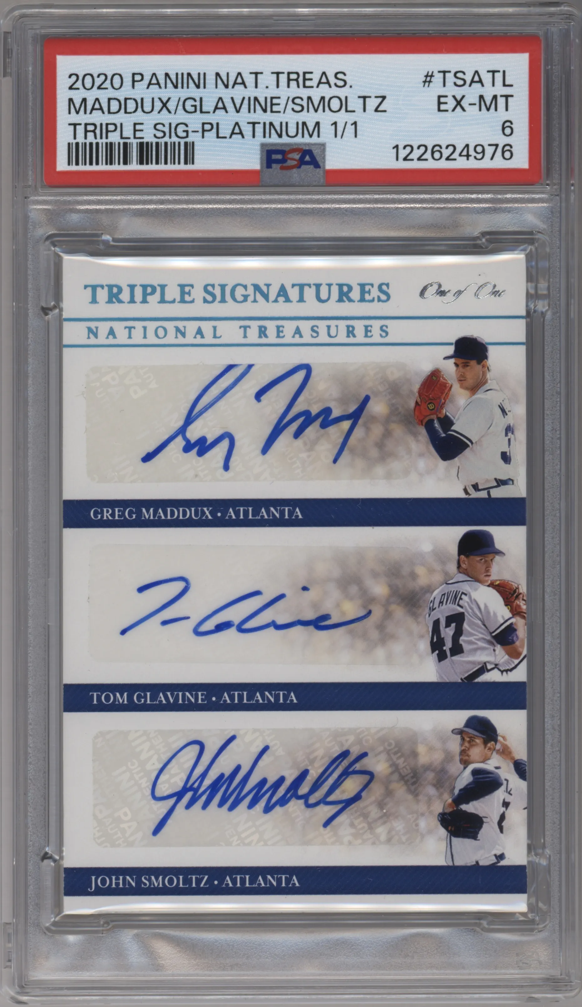2020 Panini National Treasures Triple Sig. Greg Maddux/Tom Glavine/John Smoltz Platinum #TS-ATL PSA 6