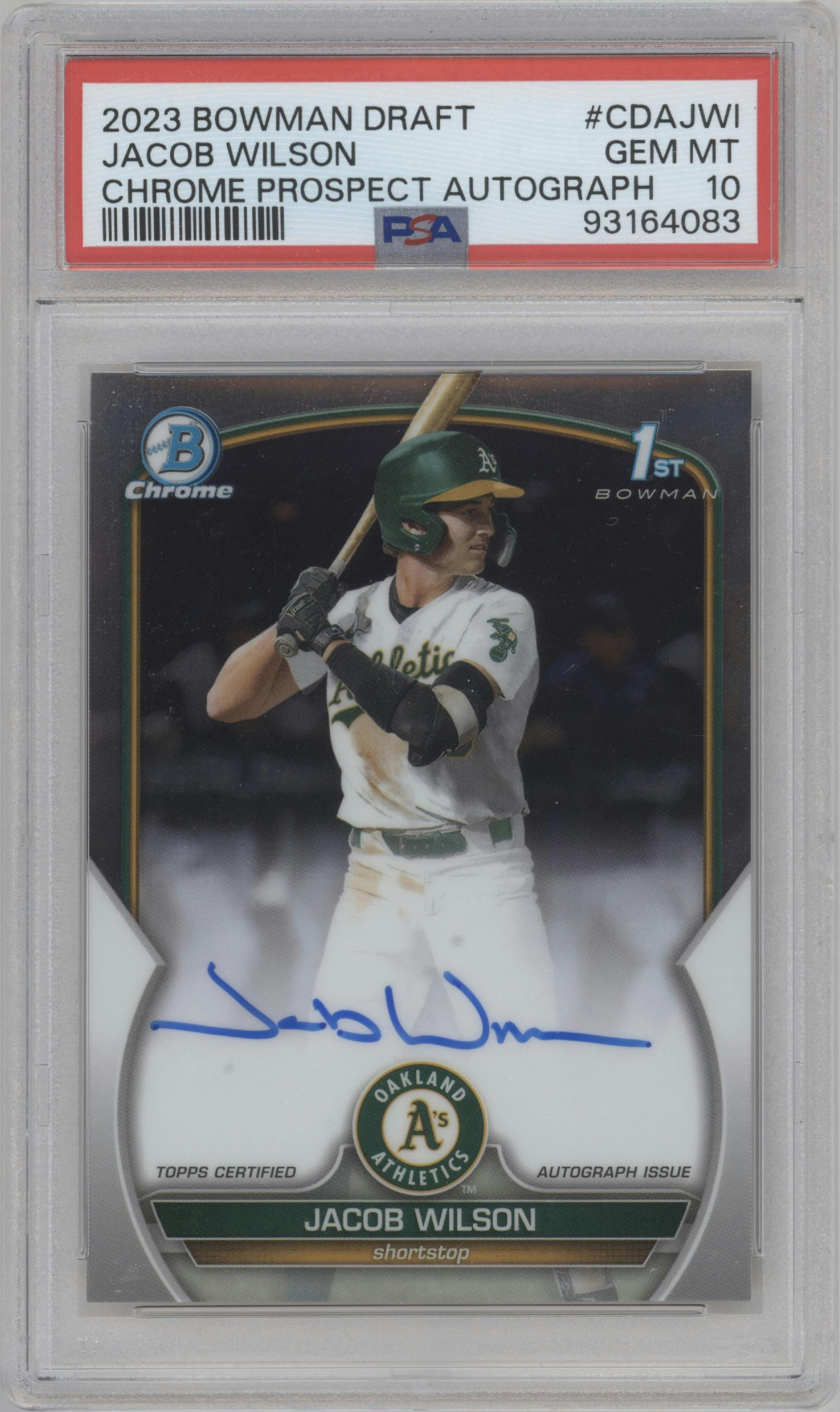 Jacob Wilson from the 2023 Bowman Draft set graded by PSA and given an overall grade of 10.