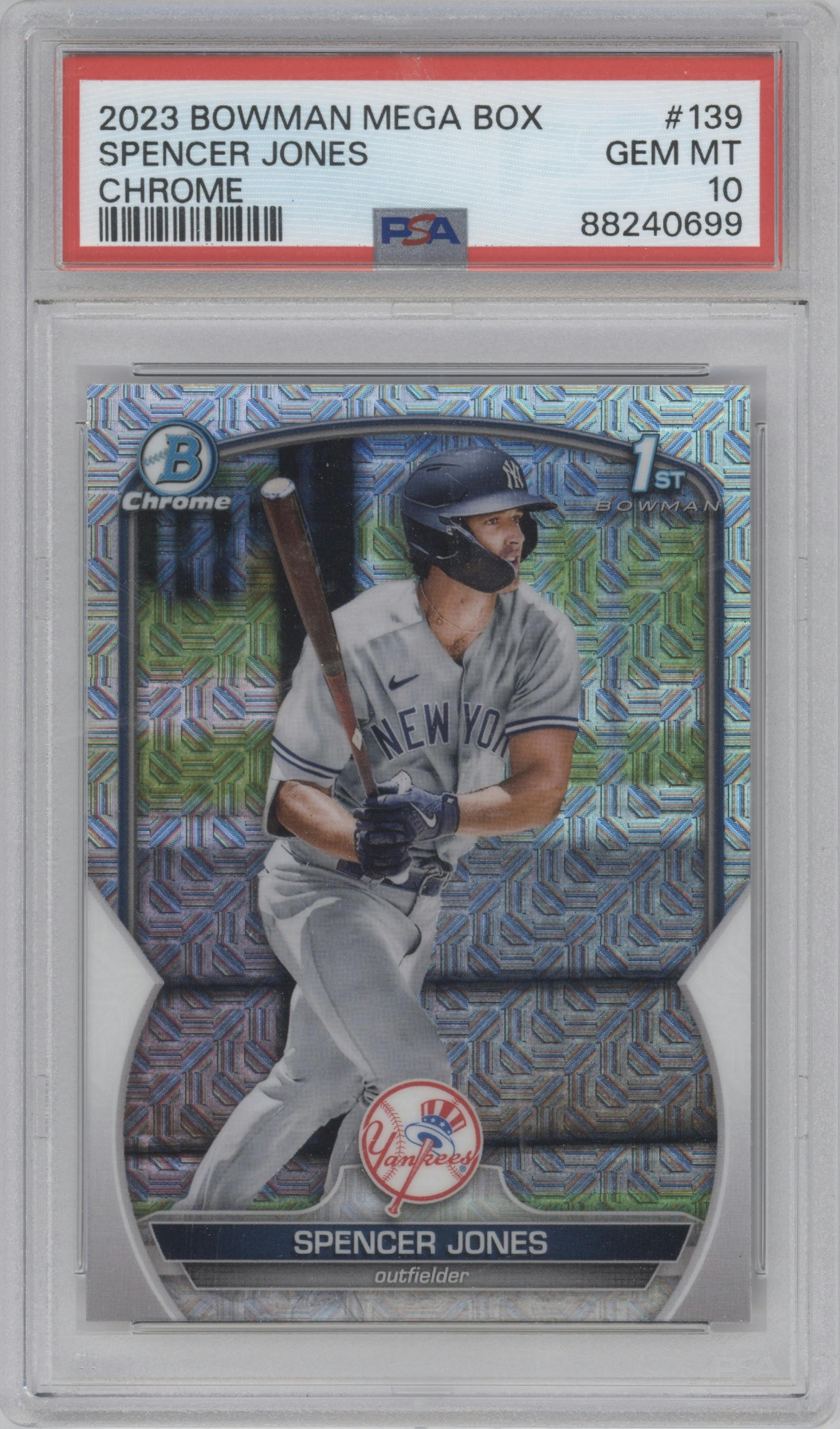 Spencer Jones from the 2023 Bowman Mega Box set graded by PSA and given an overall grade of 10.