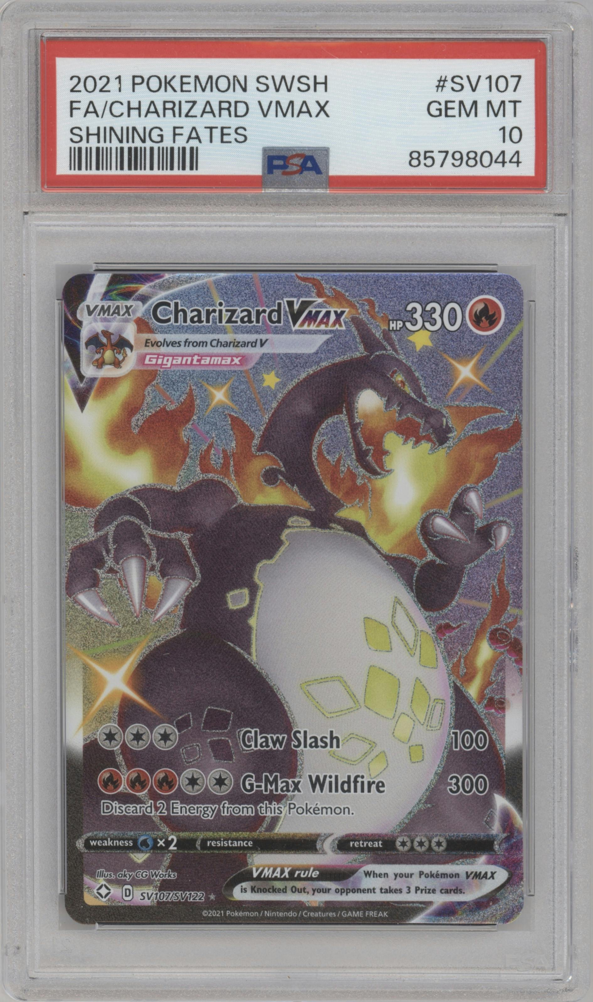 Charizard VMAX from the 2021 Pokemon SWSH set graded by PSA and given an overall grade of 10.