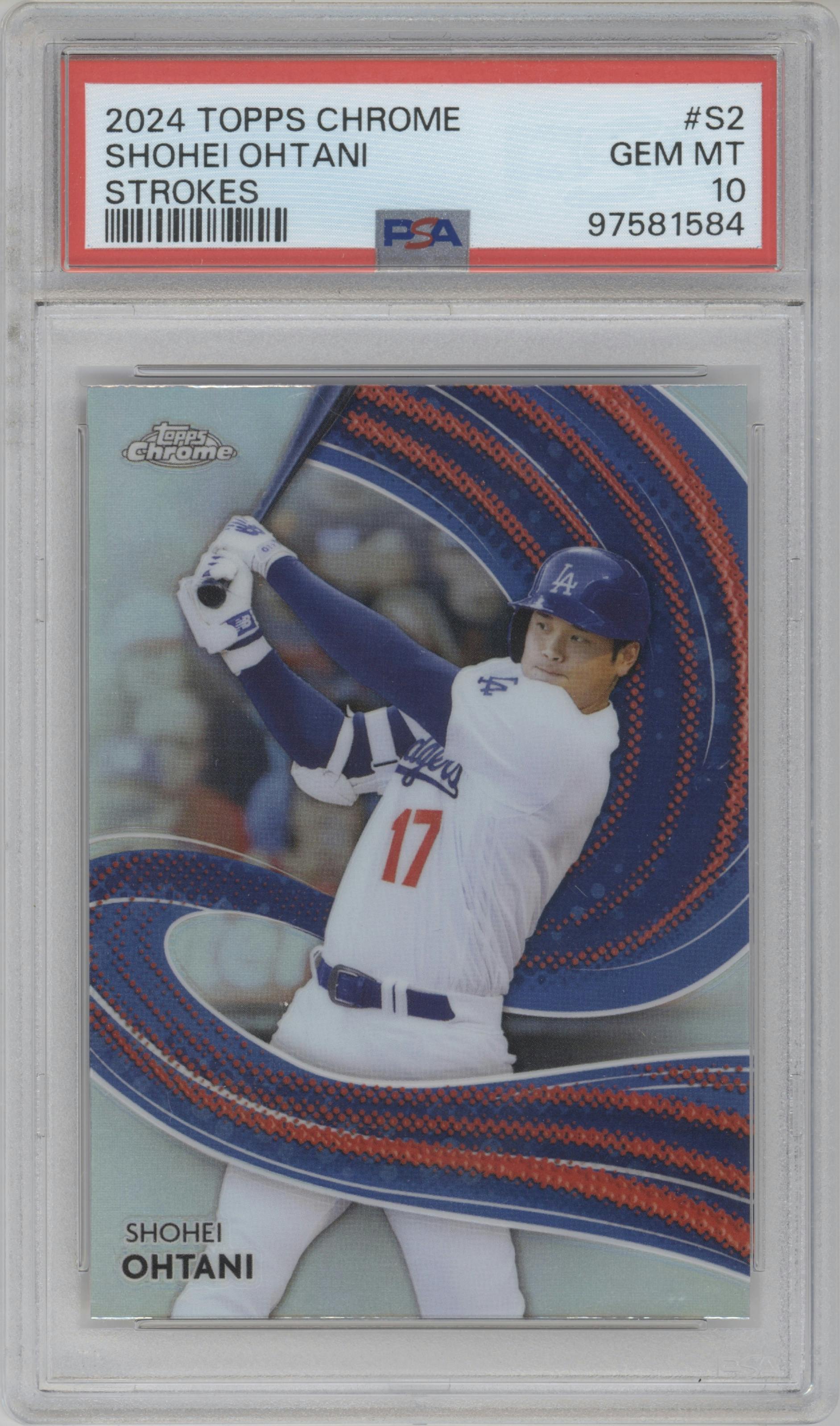 Shohei Ohtani from the 2024 Topps Chrome set graded by PSA and given an overall grade of 10.