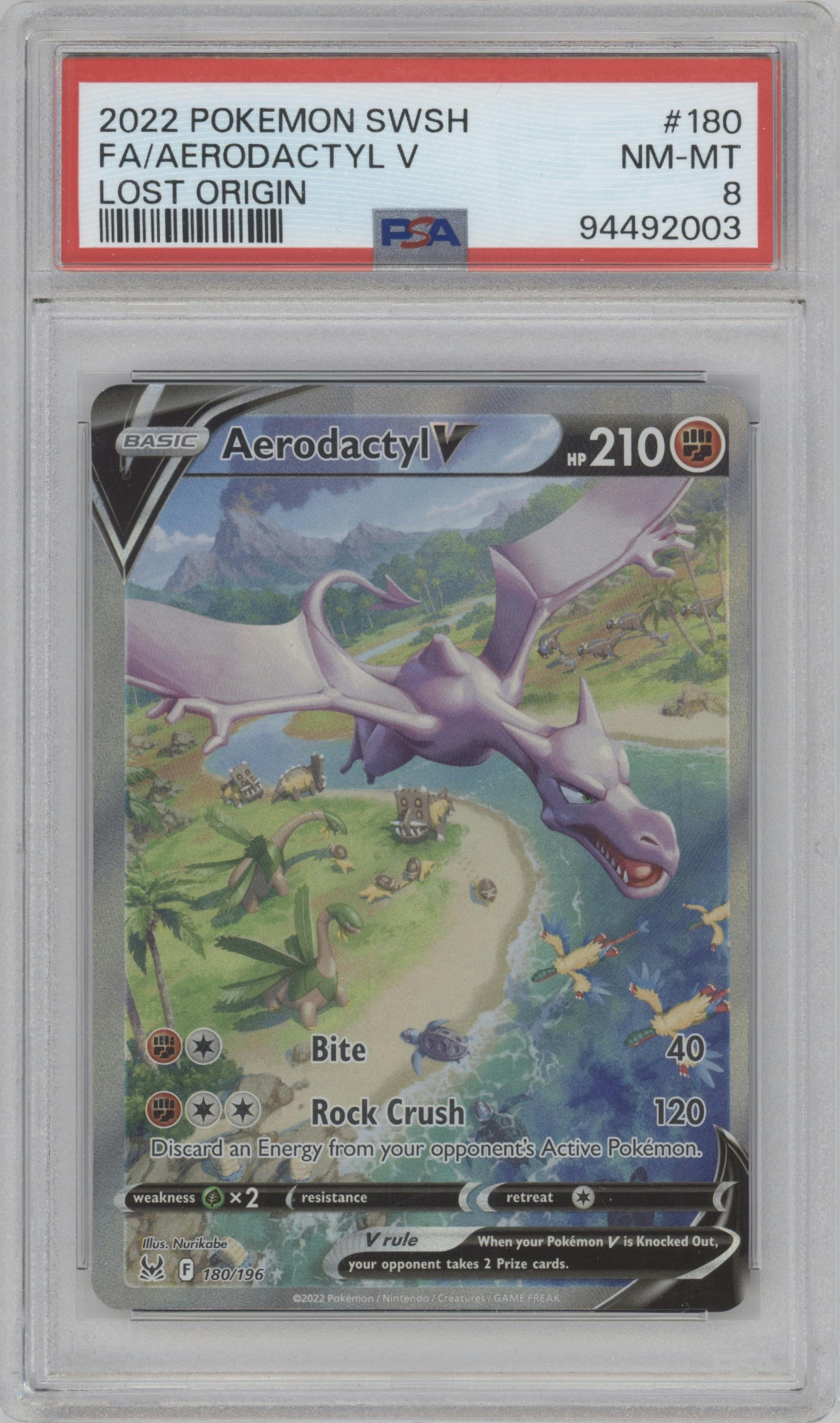 Aerodactyl V from the 2022 Pokemon SWSH set graded by PSA and given an overall grade of 8.