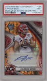 Carson Beck from the 2024 Bowman University Best set featuring a Orange Geometric Refractor parallel graded by PSA and given an overall grade of 9.