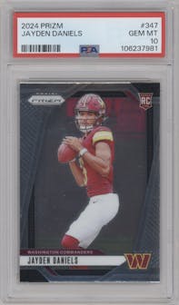 Jayden Daniels from the 2024 Panini Prizm set graded by PSA and given an overall grade of 10.