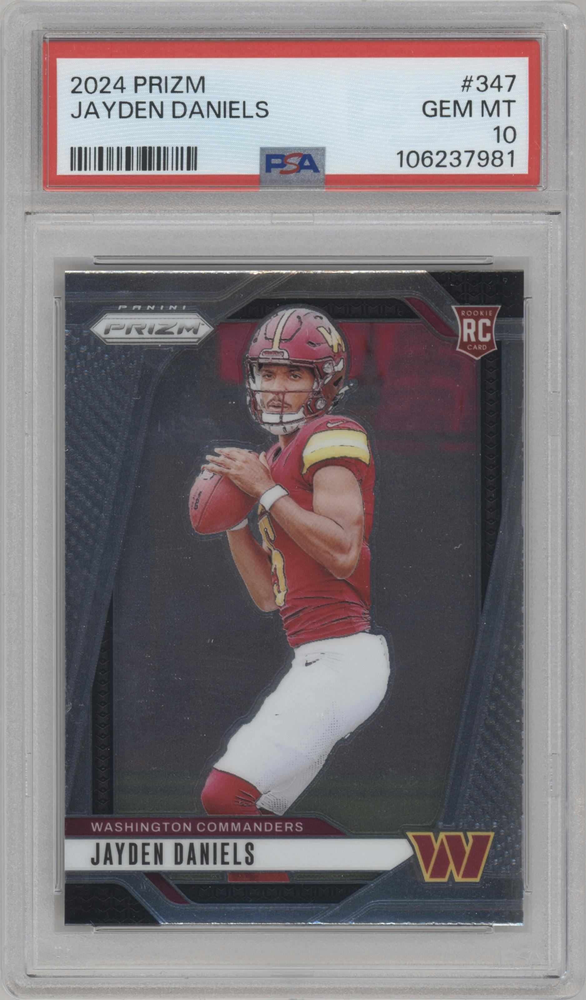 Jayden Daniels from the 2024 Panini Prizm set graded by PSA and given an overall grade of 10.