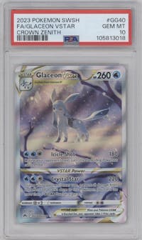 Glaceon Vstar from the 2023 Pokemon SWSH set graded by PSA and given an overall grade of 10.