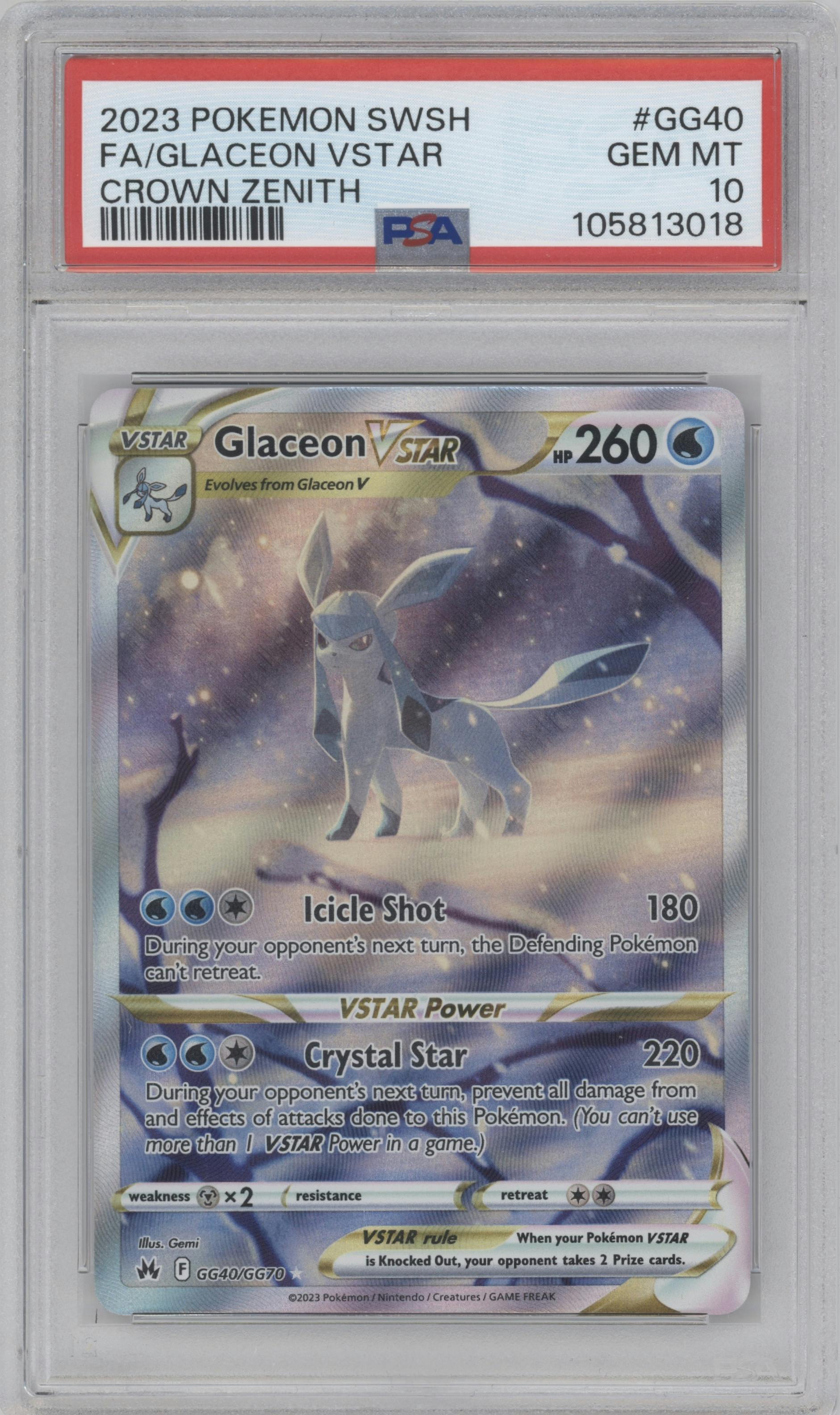 Glaceon Vstar from the 2023 Pokemon SWSH set graded by PSA and given an overall grade of 10.