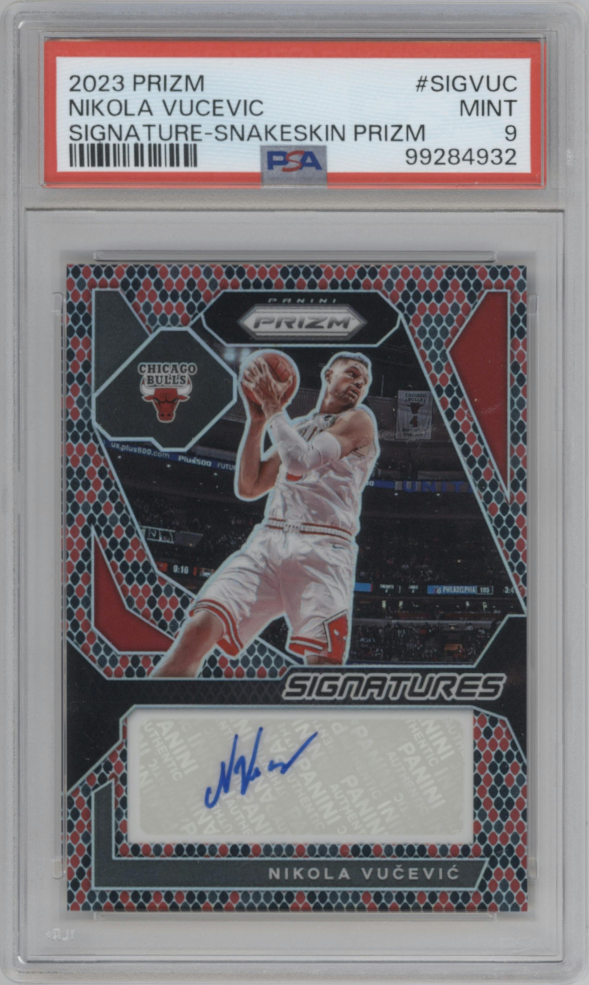 Nikola Vucevic from the 2023-24 Panini Prizm set featuring a Snakeskin parallel graded by PSA and given an overall grade of 9.
