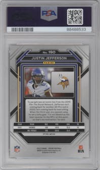 Justin Jefferson from the 2022 Panini Prizm set featuring a Black & Red Checker parallel graded by PSA and given an overall grade of 10.