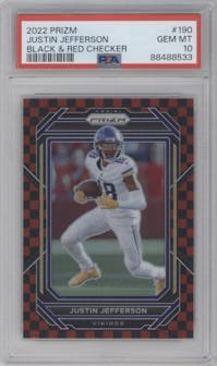 Justin Jefferson from the 2022 Panini Prizm set featuring a Black & Red Checker parallel graded by PSA and given an overall grade of 10.