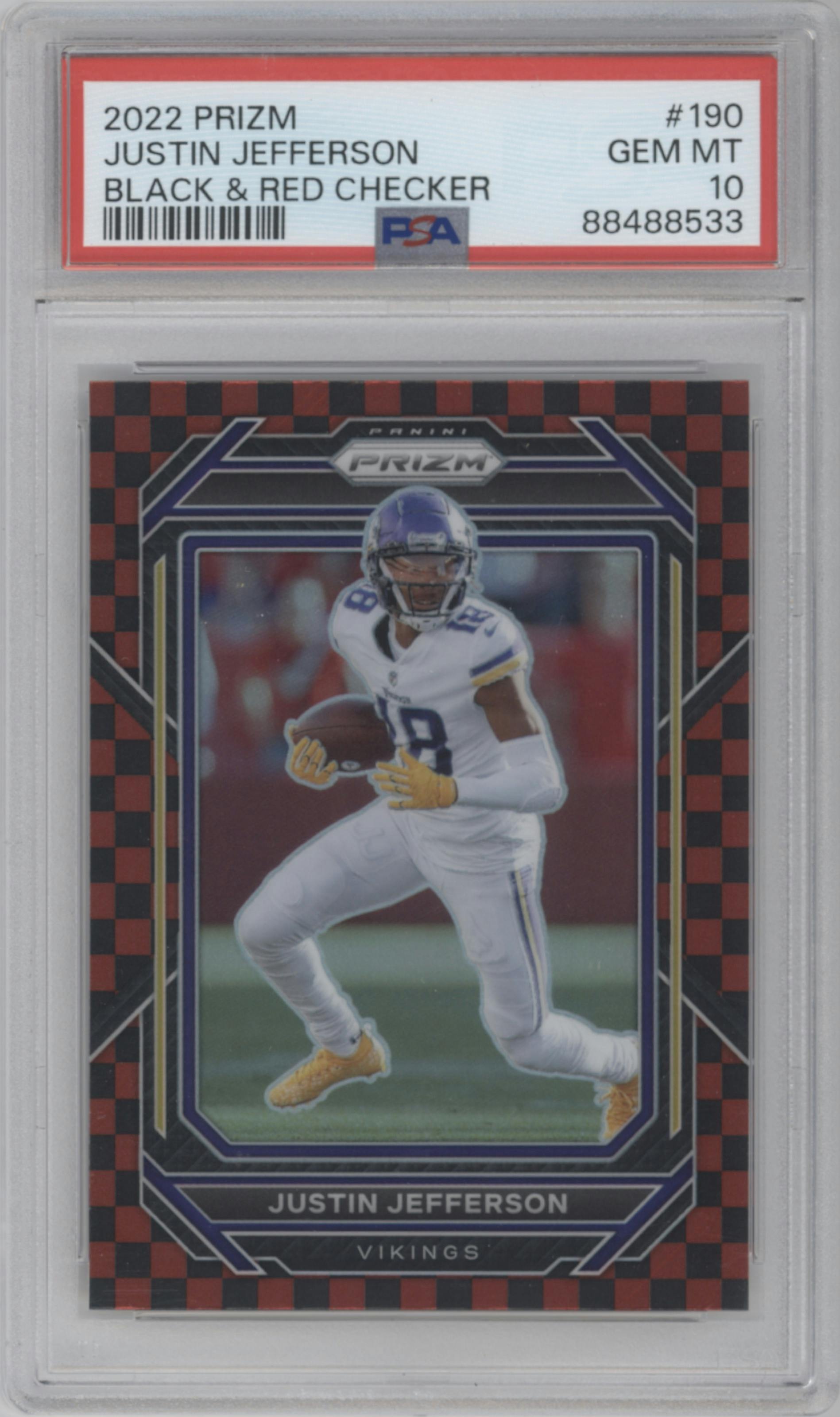 Justin Jefferson from the 2022 Panini Prizm set featuring a Black & Red Checker parallel graded by PSA and given an overall grade of 10.