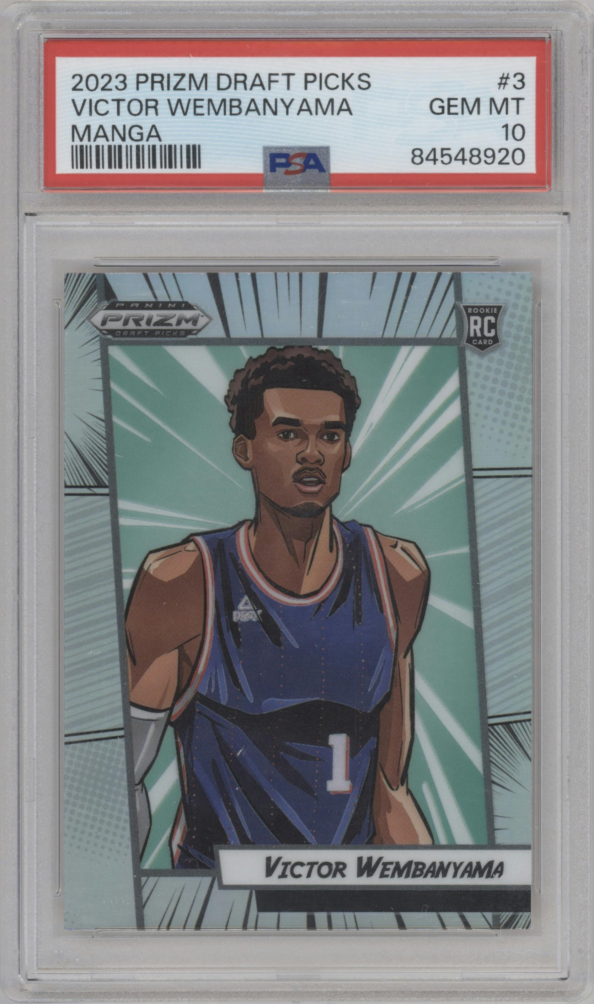 Victor Wembanyama from the 2023-24 Panini Prizm Draft Picks set graded by PSA and given an overall grade of 10.