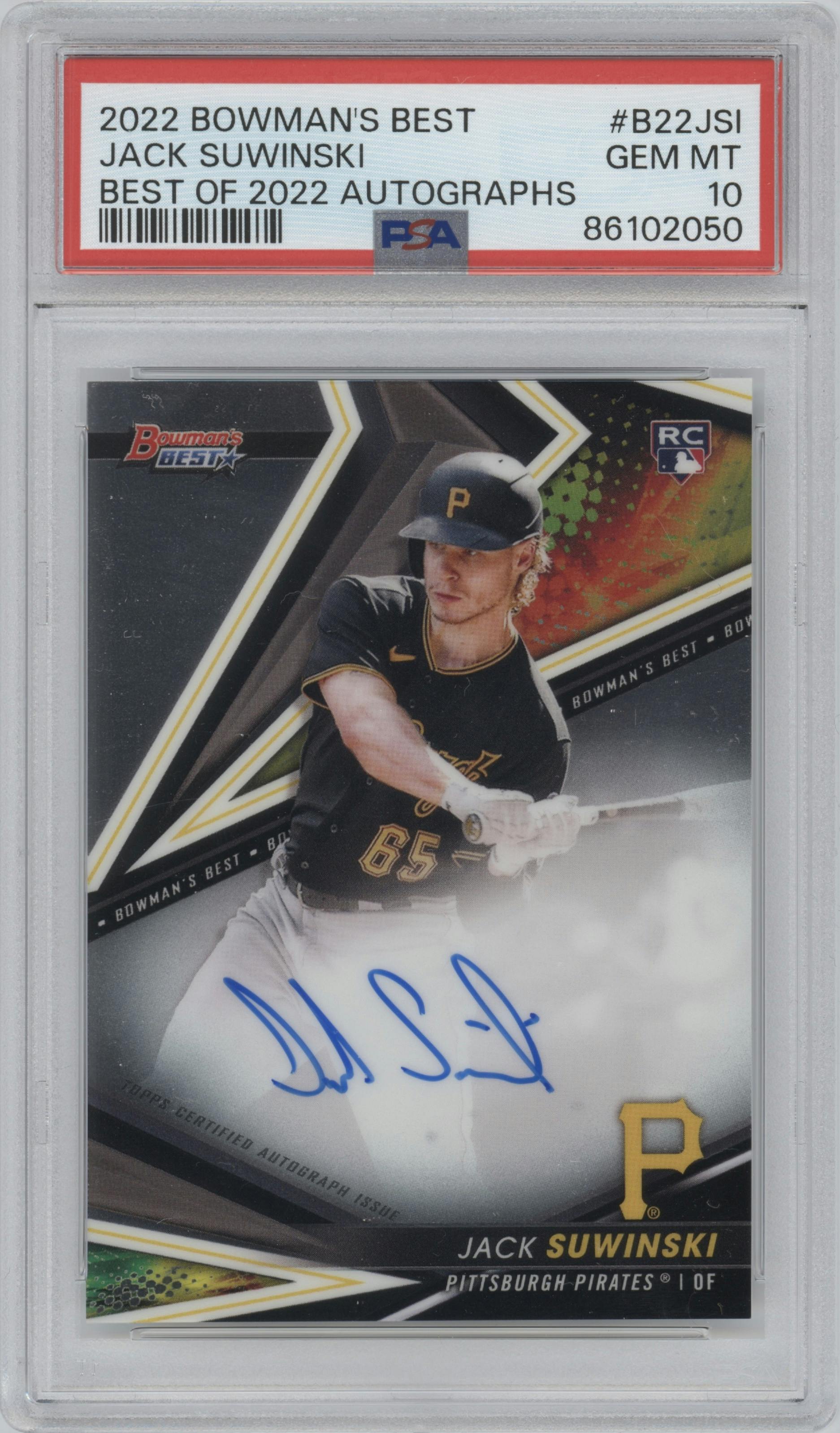 Jack Suwinski from the 2022 Bowman’s Best   set graded by PSA and given an overall grade of 10.