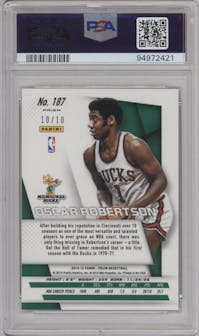 Oscar Robertson from the 2014-15 Panini Prizm set featuring a Gold Prizm parallel graded by PSA and given an overall grade of 10.