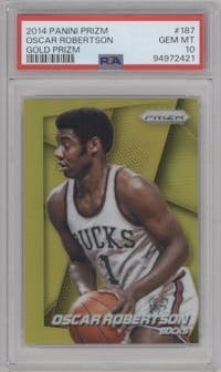 Oscar Robertson from the 2014-15 Panini Prizm set featuring a Gold Prizm parallel graded by PSA and given an overall grade of 10.