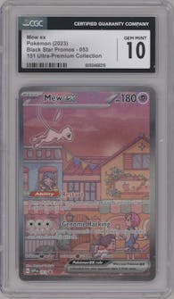 Mew ex from the 2023 Pokemon SV set featuring a Ultra Premium Collection parallel graded by CSG and given an overall grade of 10.